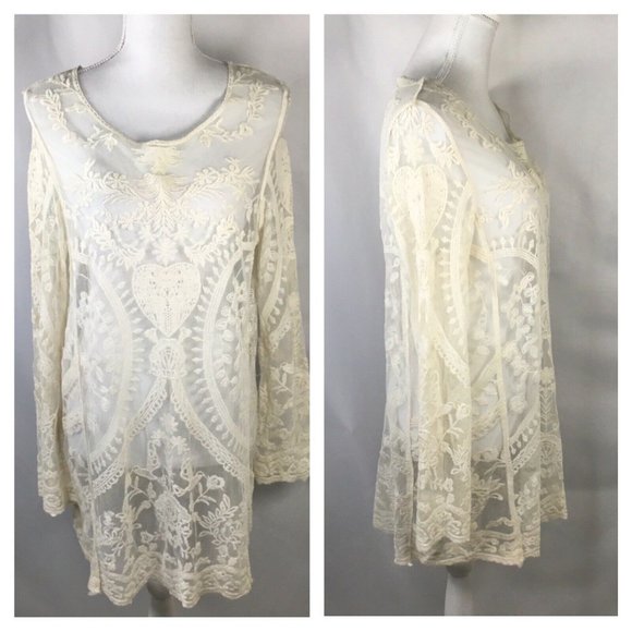 Phase One Tops - Lace~Sheer~Tunic~Ivory~Romantic~Crochet Look~